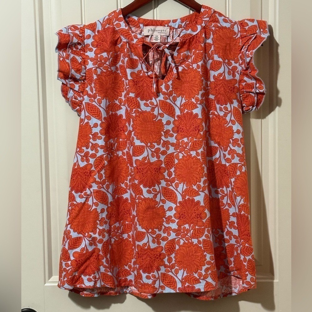 Philosophy Orange/Blue Floral Flutter Sleeve Printed Top Shirt NWT - Picture 10 of 11